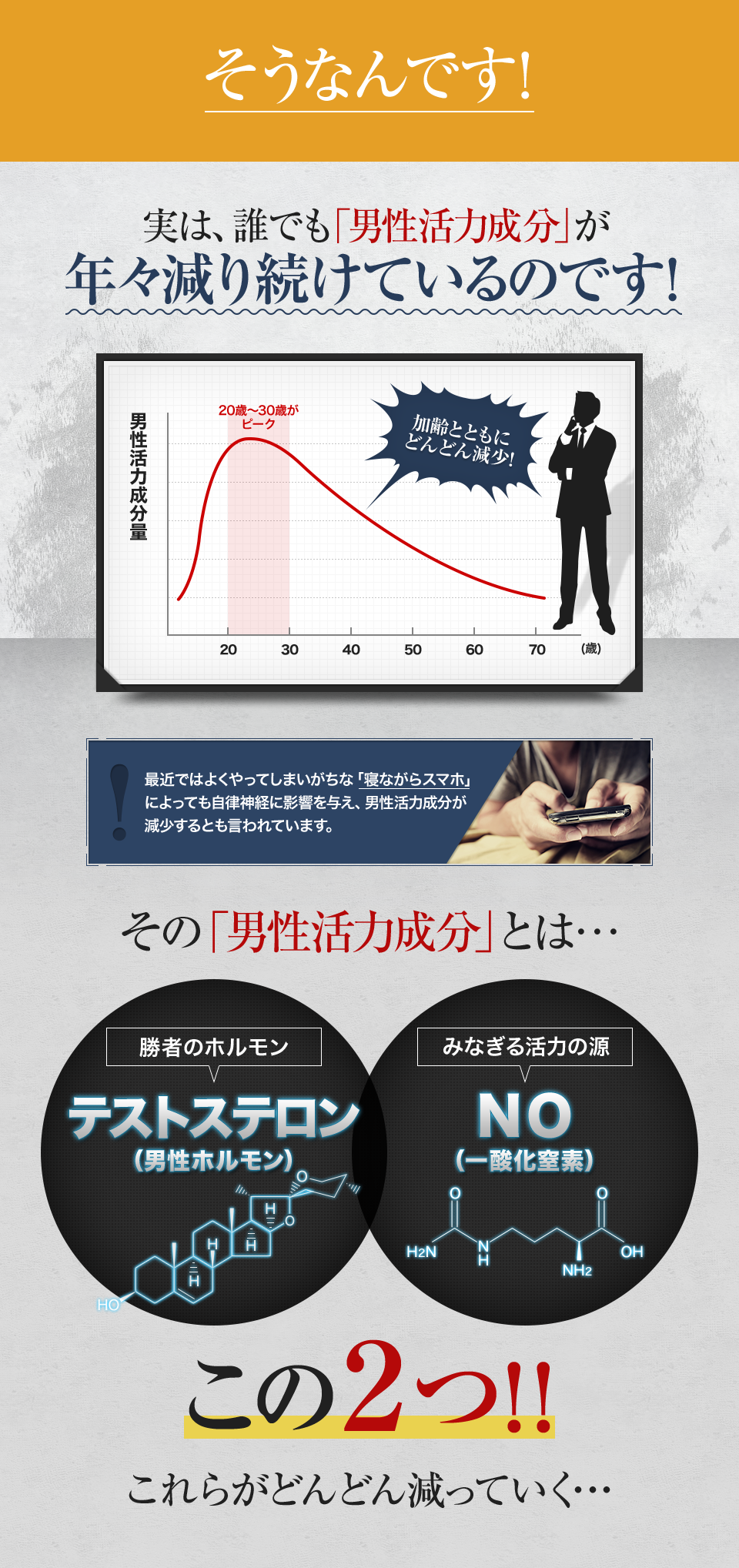 男性更年期は年齢とともにテストステロン(男性ホルモン)NO(一酸化窒素)が減っていきます。男性更年期には疲れ、やる気が出ない、うつ、精力減退などの症状があります。