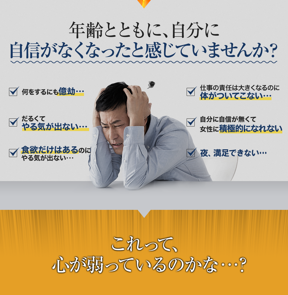 年齢とともに男性にも悩みがあります。億劫、やる気が出ない、体がだるい、夜が満足できない、自信がない