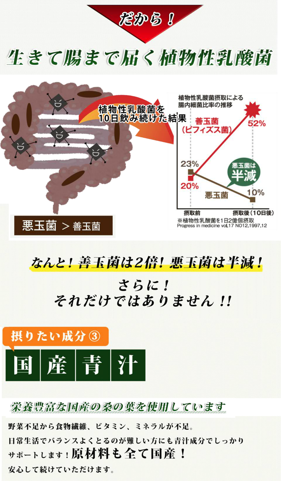 乳酸菌の力で善玉菌2倍、悪玉菌半減。青汁成分にもこだわりました。