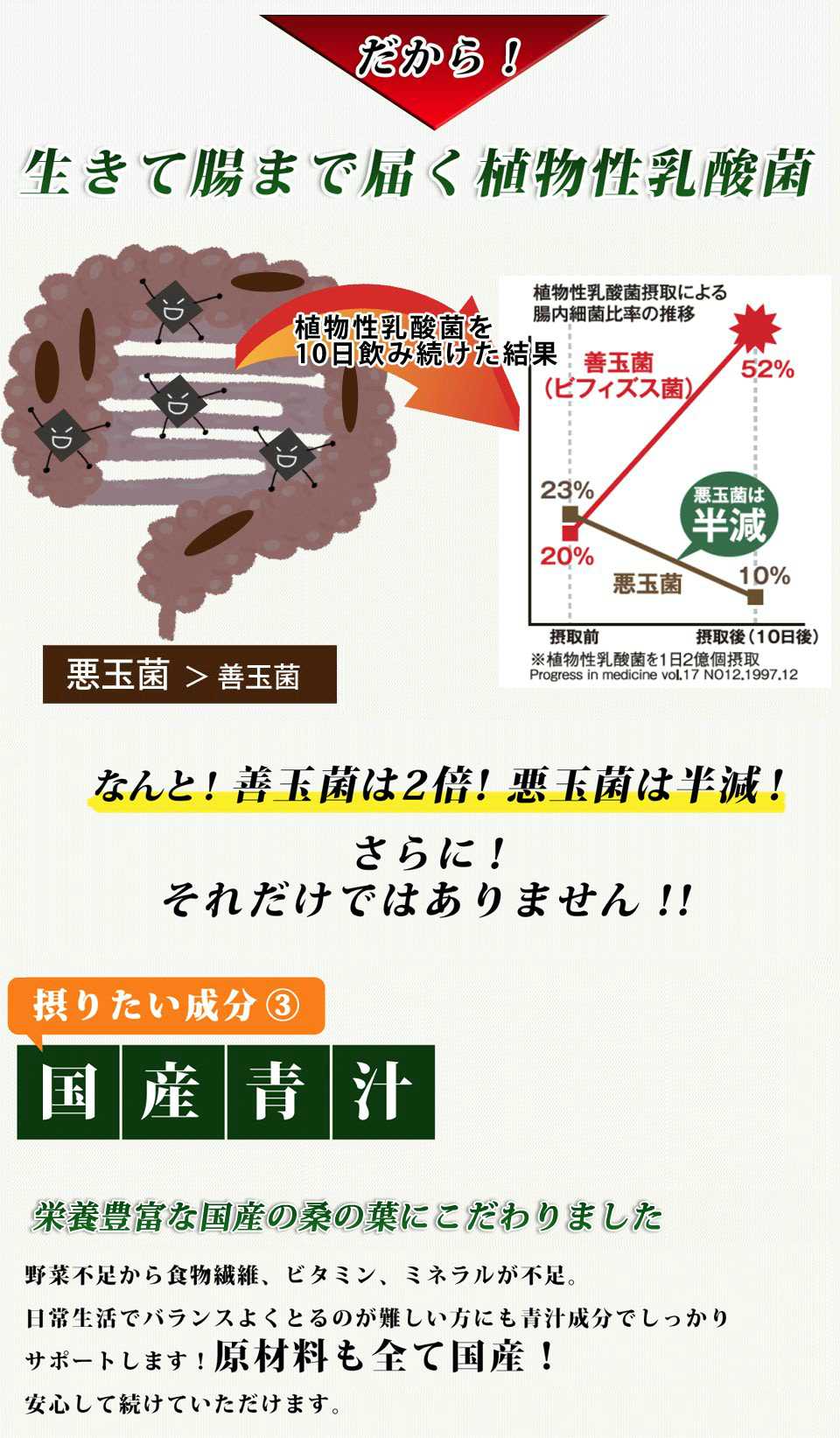 植物性乳酸菌の力で善玉菌2倍、悪玉菌半減。青汁は国産青汁にこだわりました。