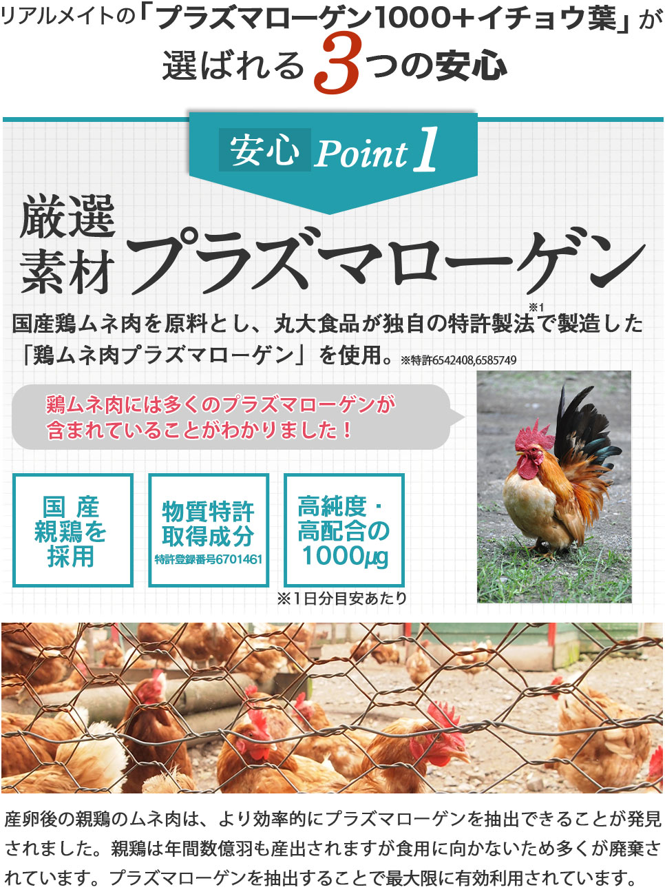 リアルメイトの 「プラズマローゲン1000+イチョウ葉」選ばれる3つの安心 厳選 素材 鶏ムネ肉プラズマローゲン