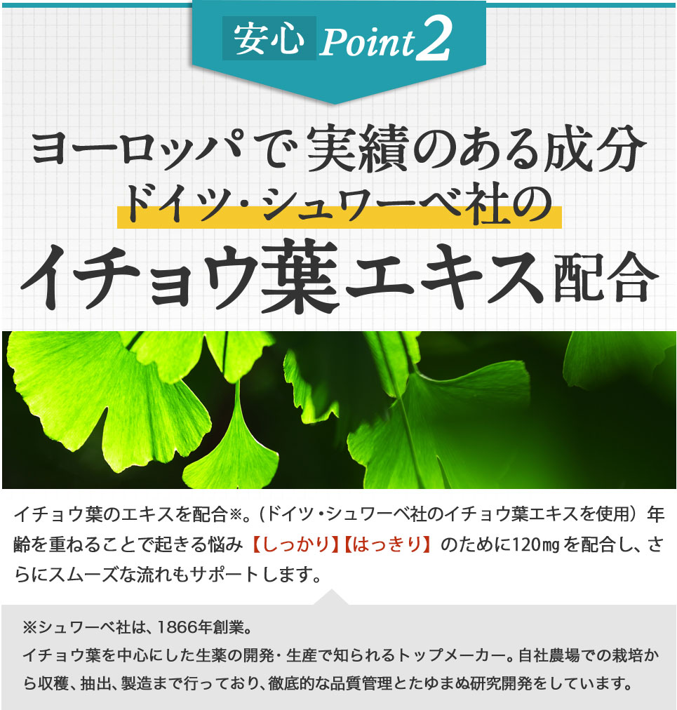 ヨーロッパで実績のある成分 ドイツ・シュワーベ社のイチョウ葉エキス配合