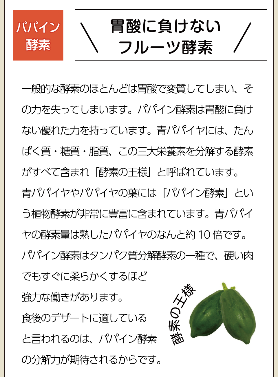 胃酸に負けない フルーツ酵素！一般的な酵素のほどんどは胃酸で変質してしまい、 その力を失ってしまいます。パパイン酵素は胃酸に負けない優れた力を持っています。青パパイヤには、たんぱく質・糖質・脂質、この三大栄養素を分解する酵素がすべて含まれ「酵素の王様」と呼ばれています。青パパイヤやパパイヤの葉には「パパイン酵素」という食物酵素が非常に豊富に含まれています。青パパイヤの酵素の量は熱したパパイヤのなんと約１０倍です。パパイン酵素はたんぱく質分解酵素の一種で、硬い肉でもすぐに柔らかくするほど強力な働きがあります