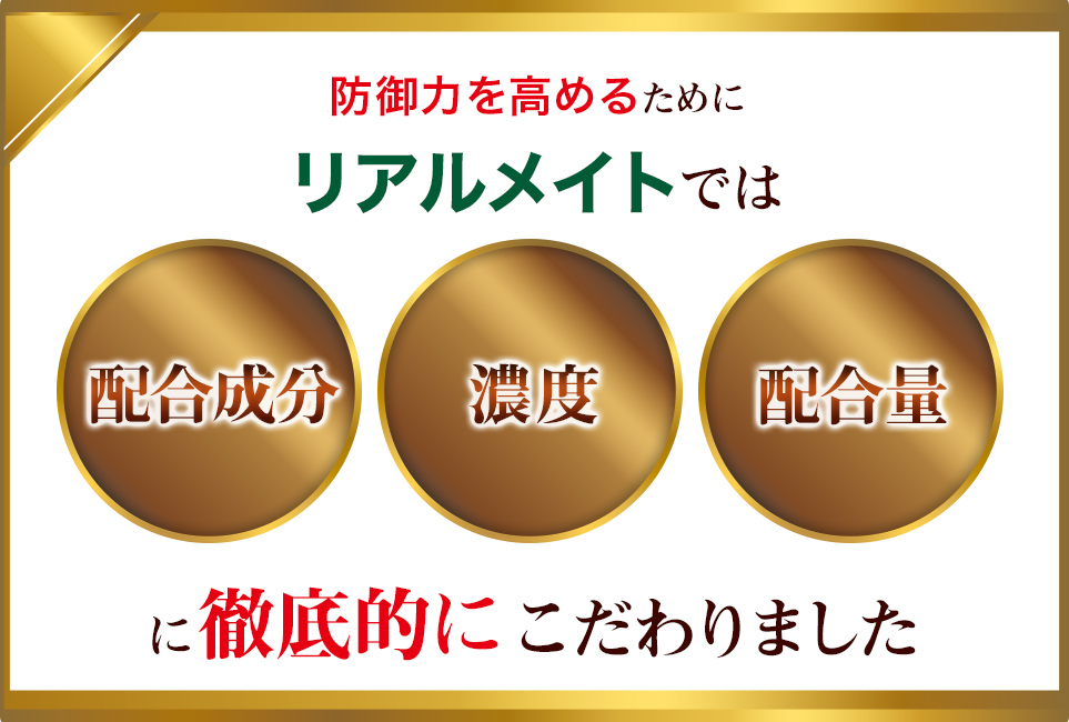 防御力を高めるためにリアルメイトでは配合成分、濃度、配合量に徹底的にこだわりました