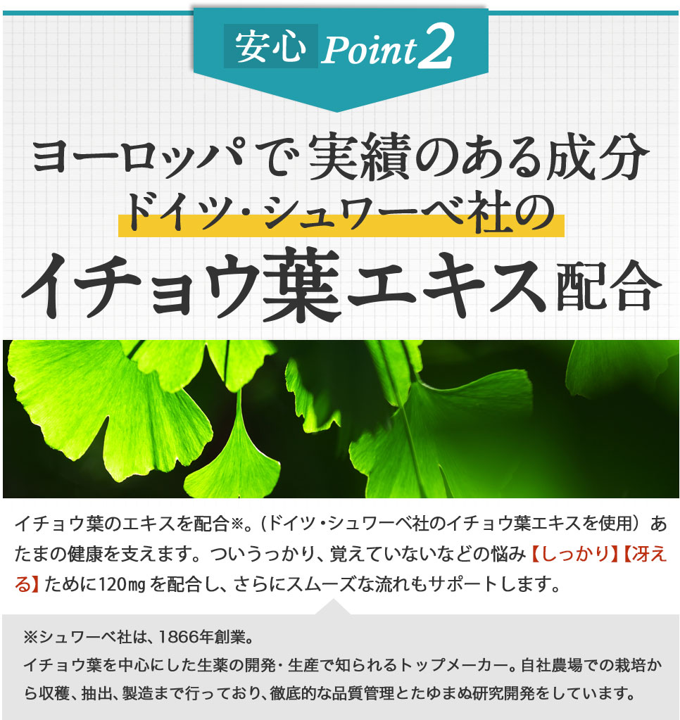 ヨーロッパで実績のある成分 ドイツ・シュワーベ社のイチョウ葉エキス配合