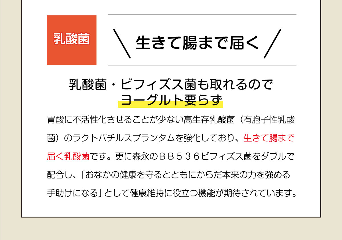 生きて腸まで届く乳酸菌！乳酸菌・ビフィズス菌も取れるので ヨーグルト要らず。胃酸に不活性化させることが少ない高生存乳酸菌（有胞子性乳酸菌）のラクトバチルスプランタムを強化しており、生きて腸まで届く乳酸菌です。更に森永のＢＢ５３６ビフィズス菌をダブルで配合し、「おなかの健康を守るとともにからだ本来の力を強める手助けになる」として健康維持に役立つ機能が期待されています。