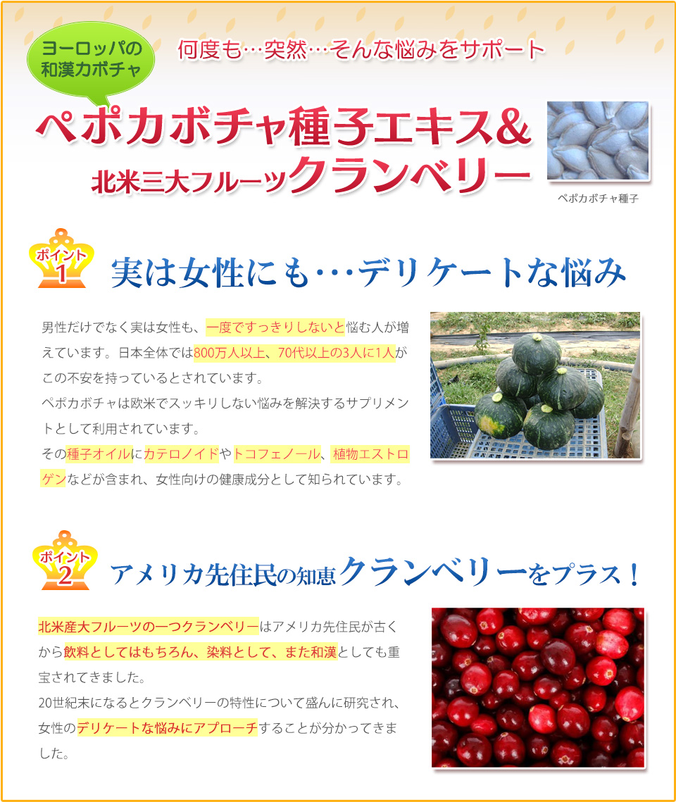 ペポカボチャ種子エキス&北米三大フルーツクランベリー:ポイント1、女性もトイレの悩み、急にトイレに行きたくなる過活動膀胱に悩む人が増えています。ペポカボチャは欧米でトイレの悩みを解決する薬品として利用されています。種子オイルにはカテロノイドやトコフェノール、植物エストロゲンなどが含まれています。ポイント2、クランベリーはアメリカの先住民が古くから飲料としてはもちろん、染料や薬用としても諜報されてきました。女性のトイレの悩みにアプーチすることが分かってきました。
