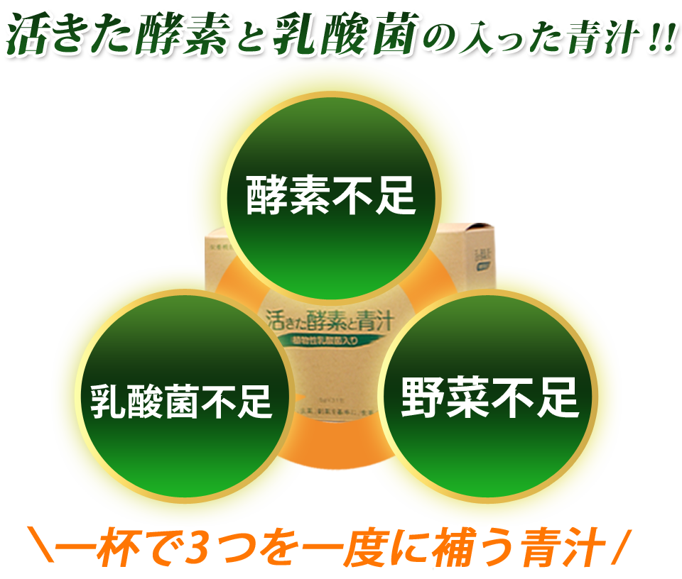 乳酸菌、野菜、酵素不足を補う青汁です。一杯で３つを一度に補う青汁。