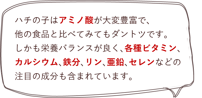 ハチの子はアミノ酸が大変豊富で、他の食品と比べてみてもダントツです。しかも栄養バランスがよく、各種ビタミン、カルシウム、鉄分、リン、亜鉛、セレンなどの注目の成分も含まれています。