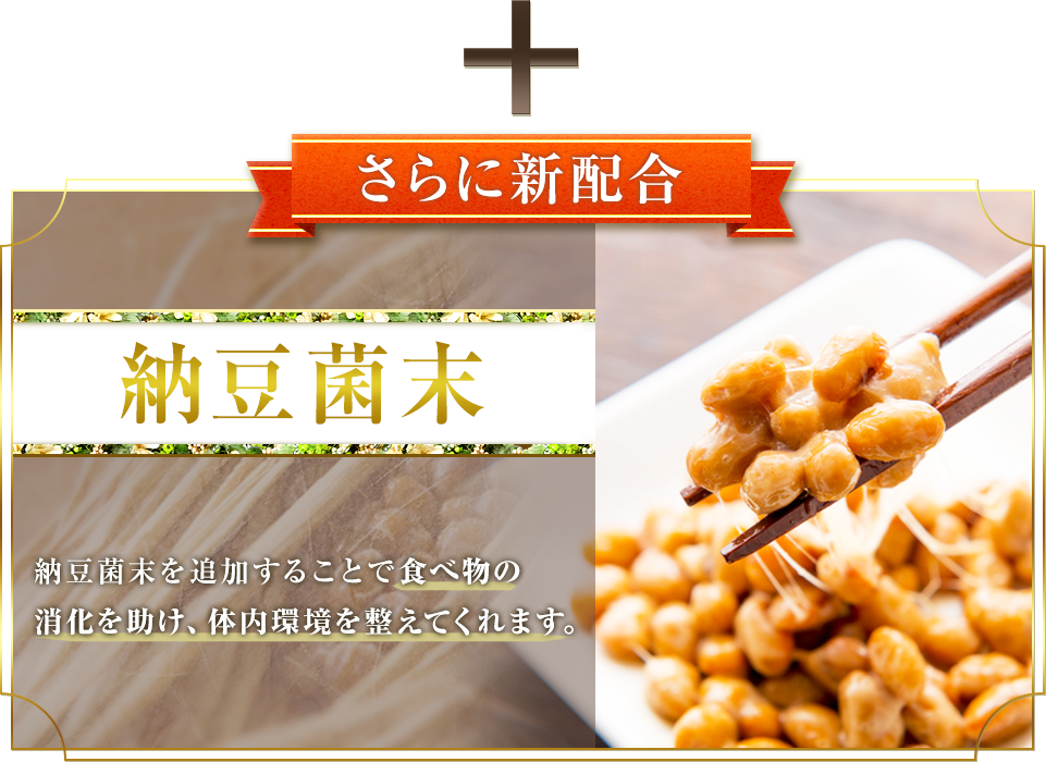 さらに新配合　納豆菌末　納豆菌末を追加することで食べ物の消化を助け、体内環境を整えてくれます。