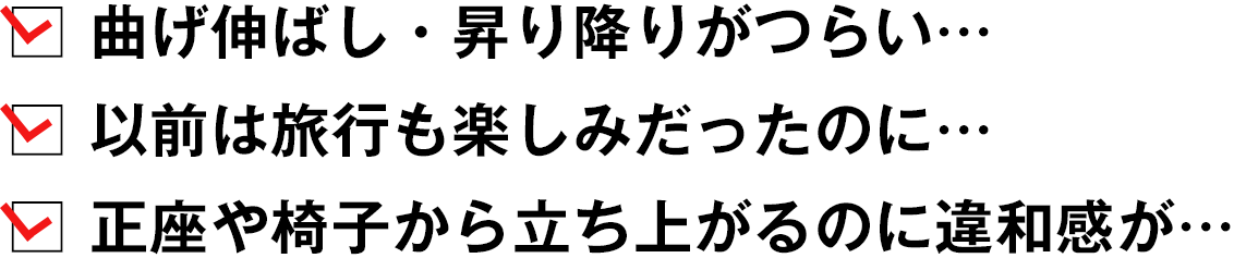 曲げ伸ばし・昇り降りがつらい…以前は旅行も楽しみだったのに…正座や椅子から立ち上がるのに違和感が…